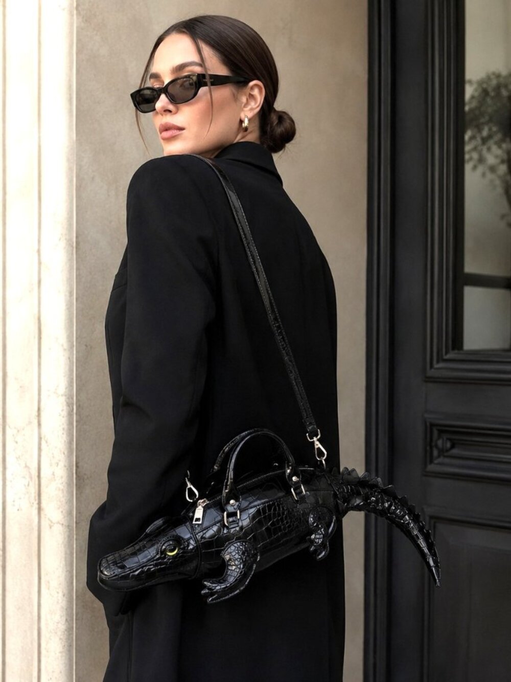 Black Alligator Crocodile Novelty Handbag Purse w/ Strap Statement Bag - Picture 4 of 11